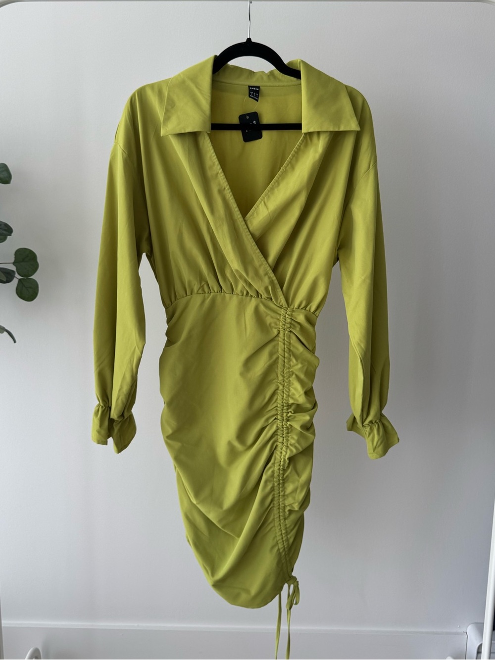 Lime Green Ruched Wrap Dress - Unbranded